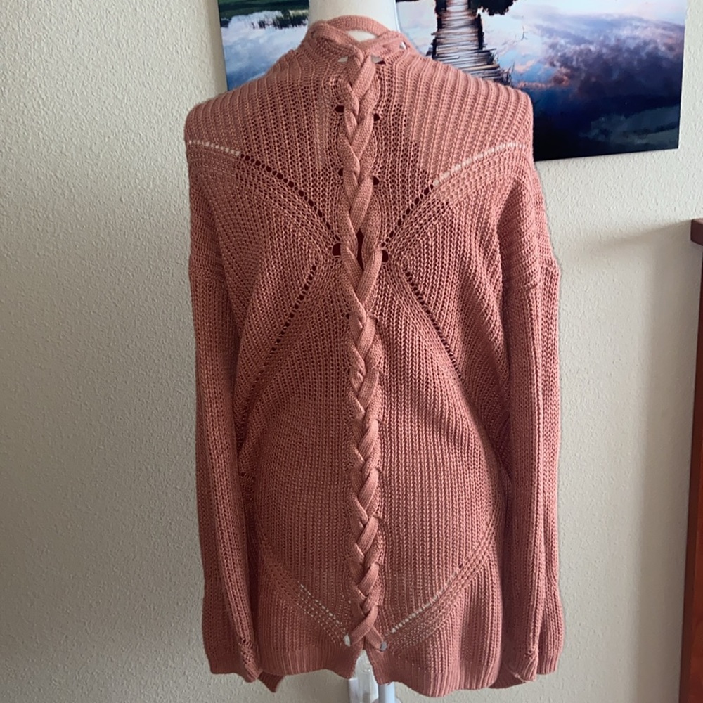 Dusty Rose Pink Long Chunky Cable Knit Cardigan Sweater Duster w/ Braided Detail